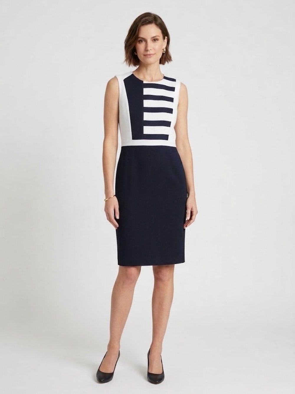 Judith & Charles Navy Blue White Colorblock Stripe Sheath Dress Office Size 8